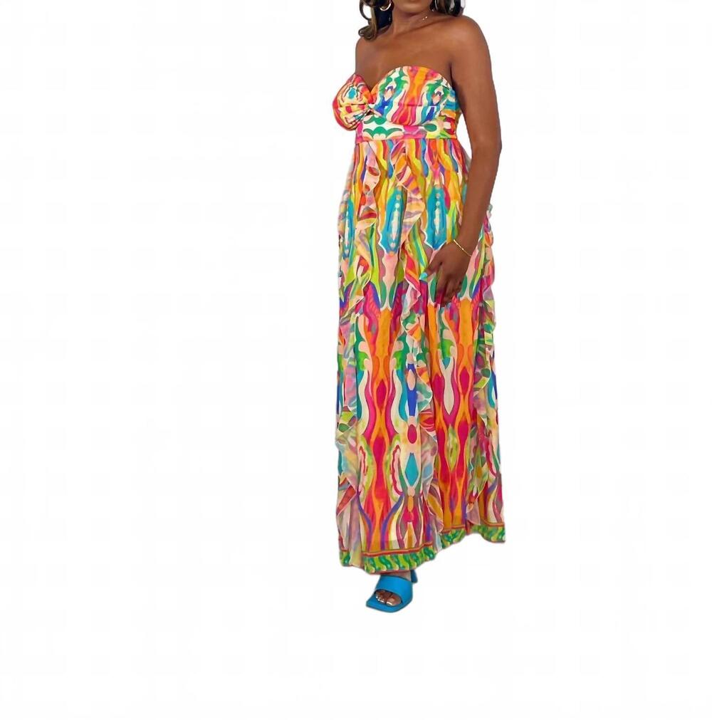 NEW FLYING TOMATO color burst ruffle maxi dress in fuchsia/ lime multi